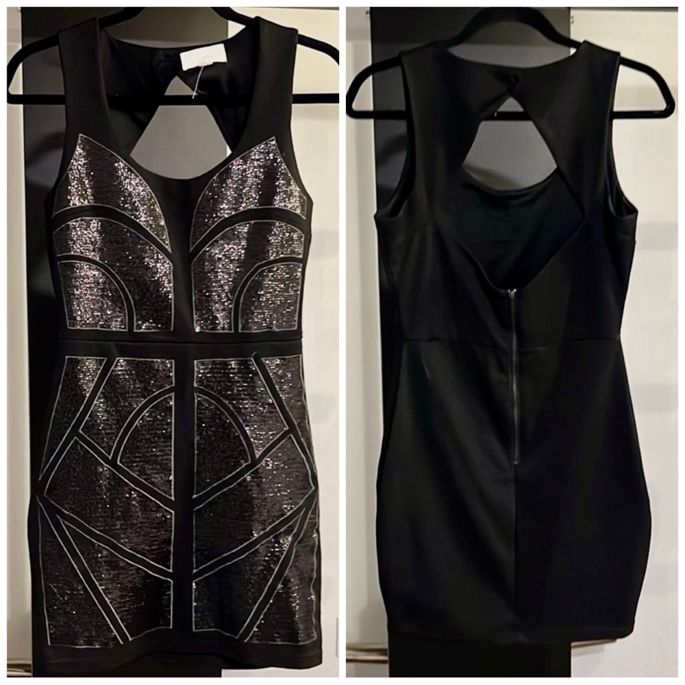 En Crème Black Sequin Open Back Fitted Party Dress Mediun